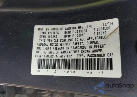 2015 Honda Accord Lx из США, поврежденный, VIN 1HGCR2F37FA051032